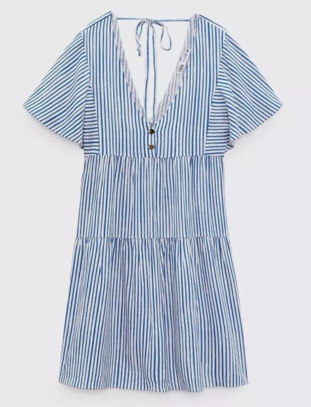 Zara Blue Striped Linen Blend Short Sleeve Mini Dress, Size XS